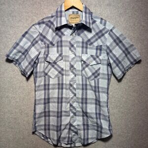 Wrangler Western Shirt Mens Small Blue Plaid Pearl Snap Short Sleeve 112315466